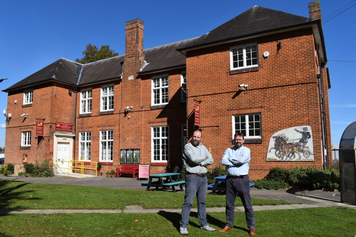 Colchester Archaeological Trust Directors Adam Wightman and Chris Lister outside the Roman Circus Visitor Centre