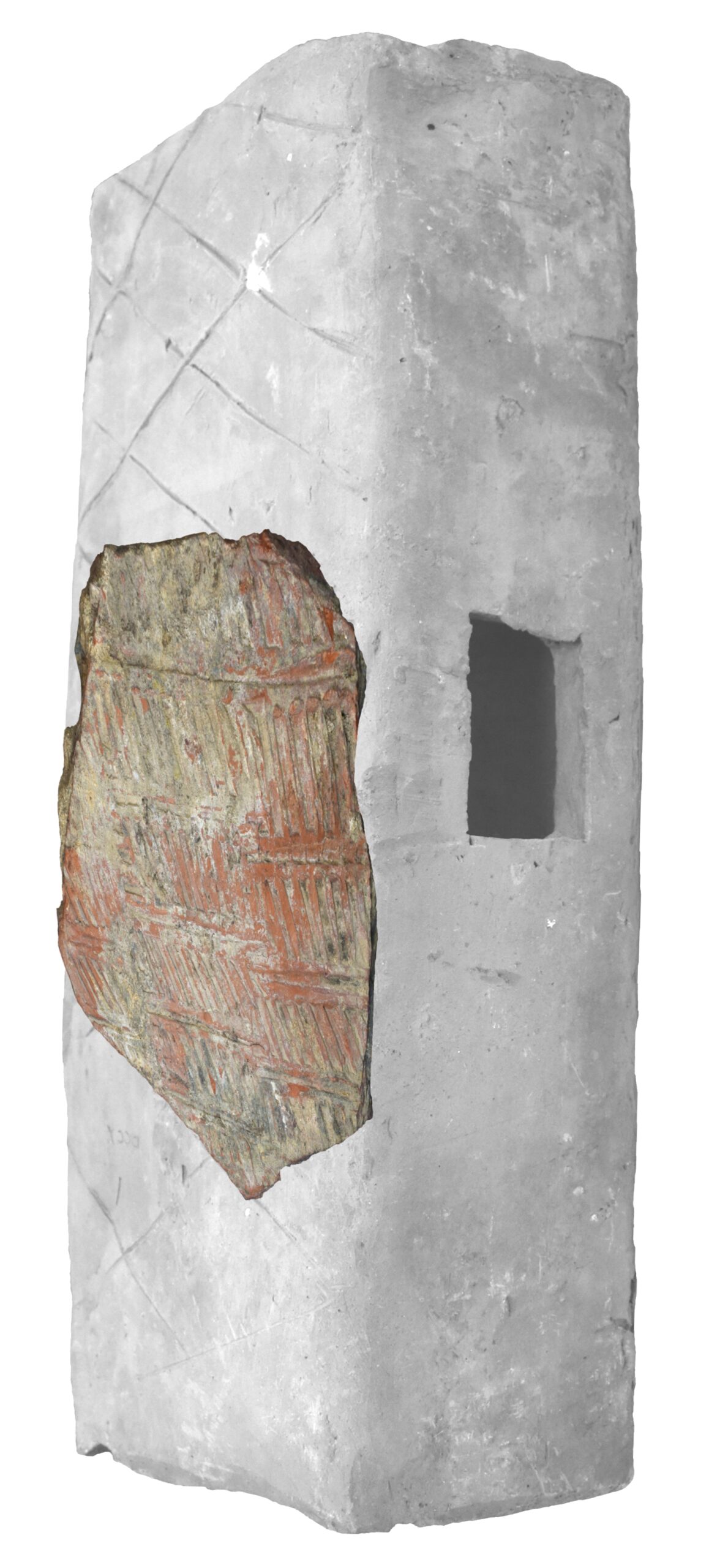 Photograph of box flue tile overlaying an image of the complete box tile.