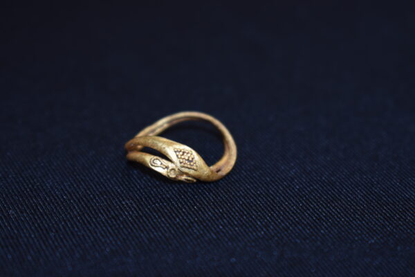Close up image of the small gold finger ring to highlight detail