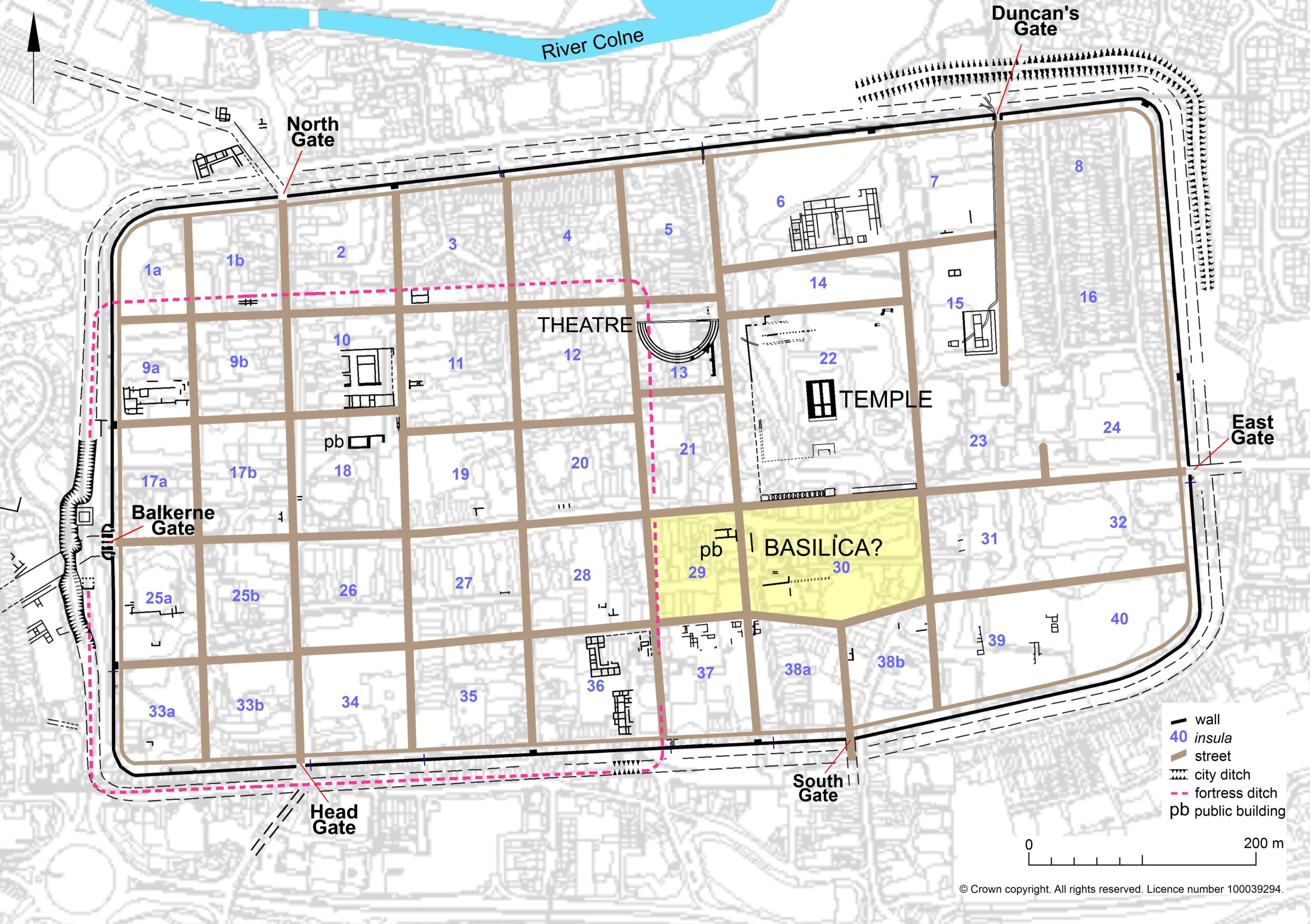 Map showing Roman Colchester with Insulae 29 & 30 highlighted in yellow