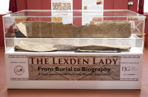 Image showing a decorated lead coffin from the Roman period as part of an exhibition